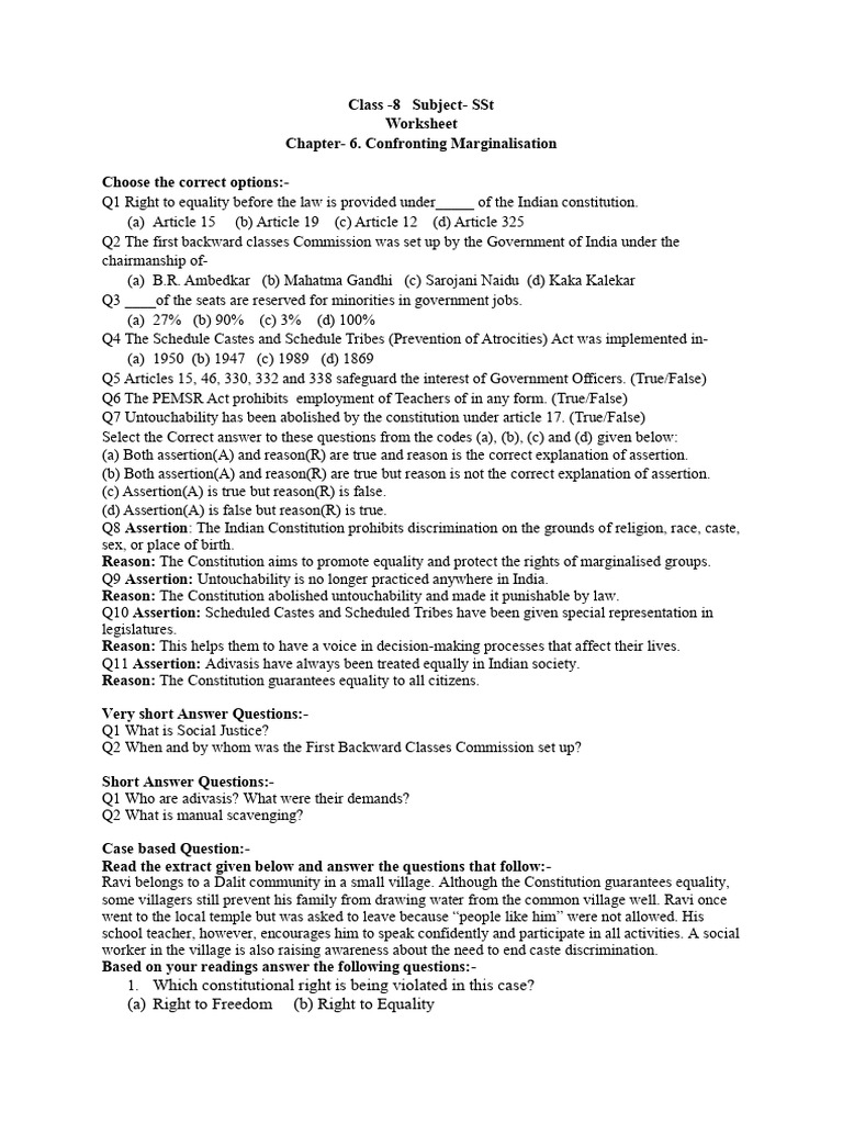 Class 8 SSt Worksheet on Marginalisation | PDF | Dalit | Human Rights