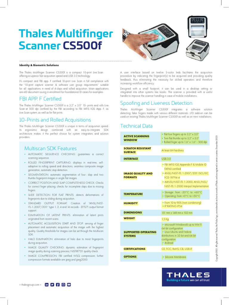 Thales CS500f Multifinger Scanner Features | PDF | Image Scanner ...