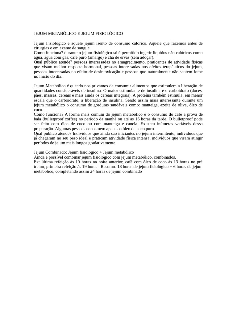 Jejum Fisiológico e Metabólico Explicados | PDF