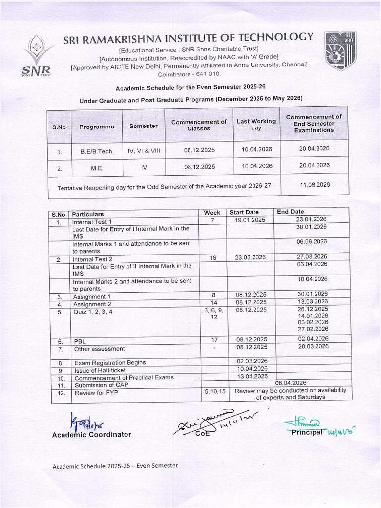 Academic Schedule for the Even Sem 2025-2026 Under Graduate and Post ...