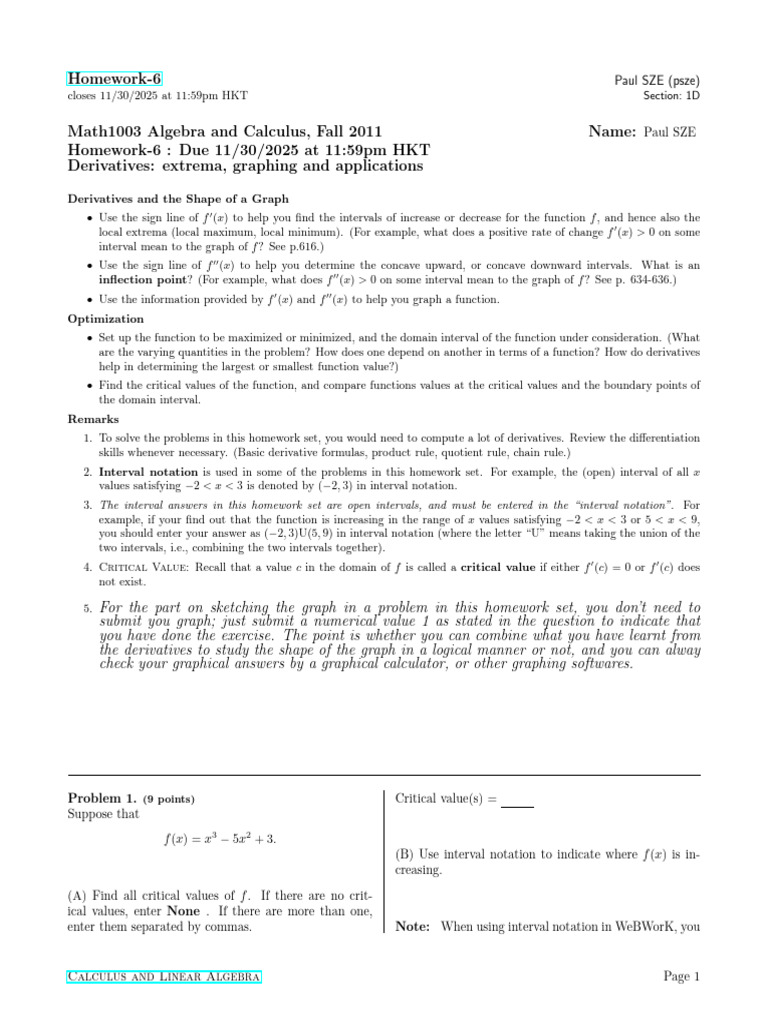 Math1003 Homework-6: Derivatives & Optimization | PDF | Derivative ...