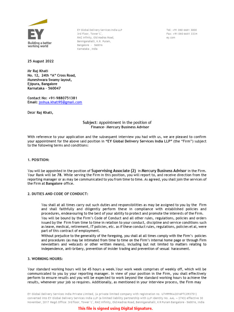 EY Appointment Letter for Finance Role | PDF | Payroll Tax | Insurance