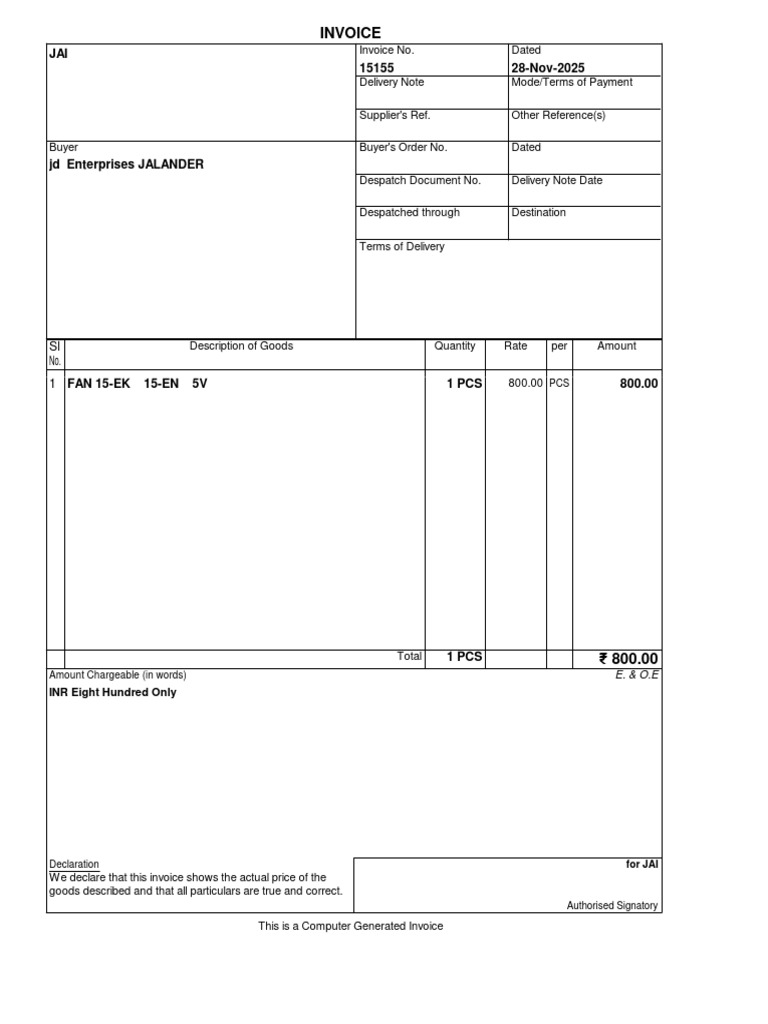 Invoice for FAN 15-EK 5V Purchase | PDF