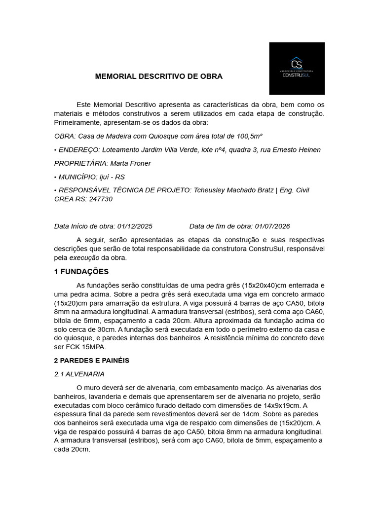 Memorial Descritivo: Casa de Madeira Ijuí | PDF | Argamassa (alvenaria ...