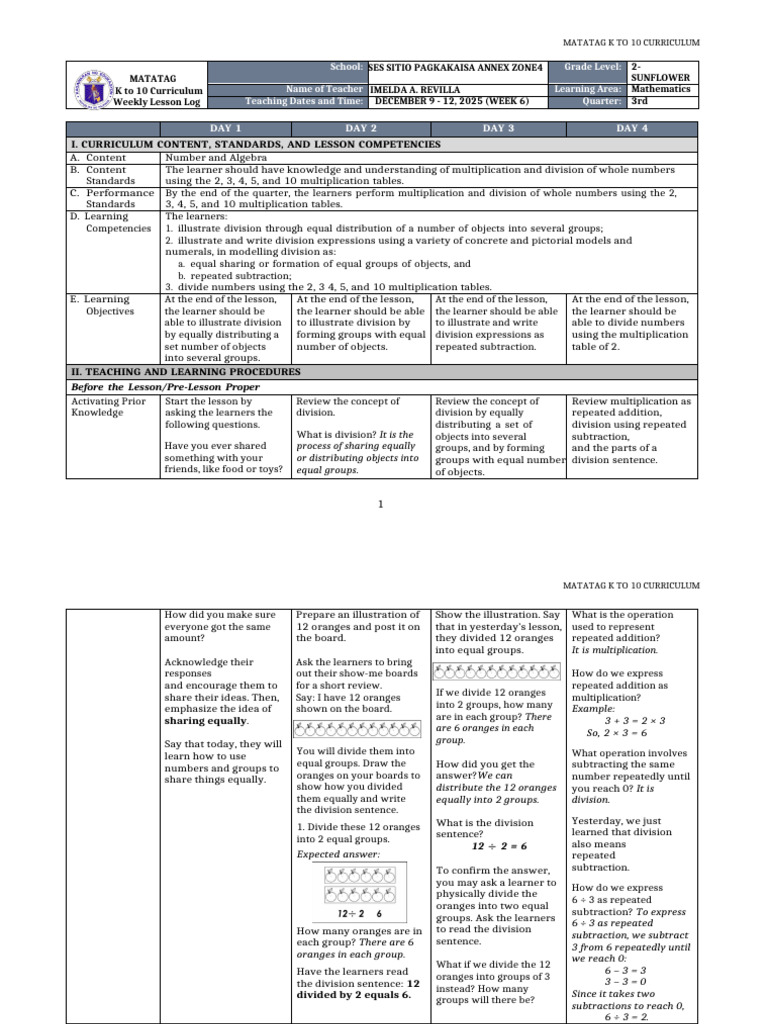 K-10 Math Lesson Plan: Division Concepts | PDF | Division (Mathematics ...