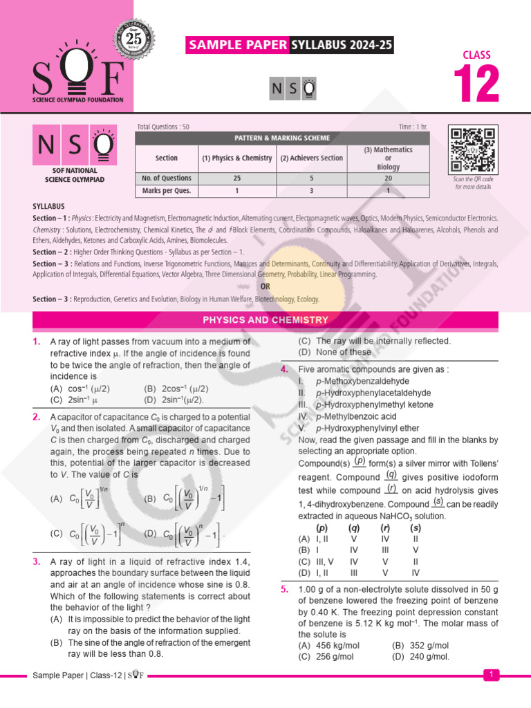 Class 12 Sample Paper 2024-25 | PDF | Mole (Unit) | Electromagnetism