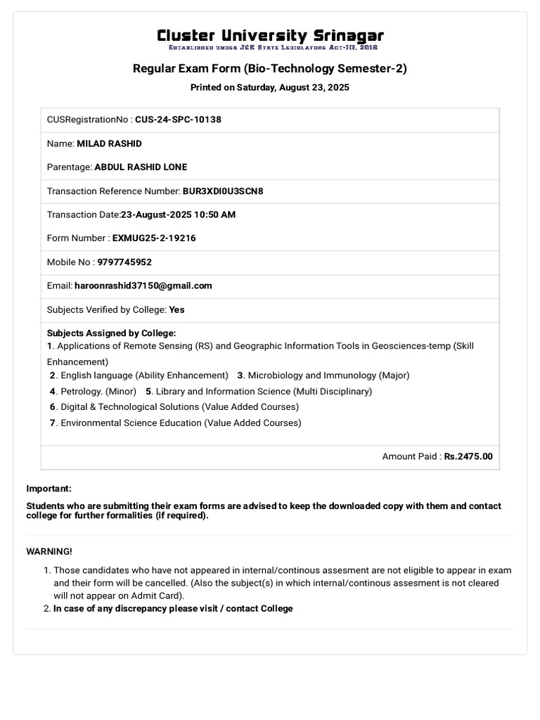 Bio-Tech Semester 2 Exam Form Details | PDF