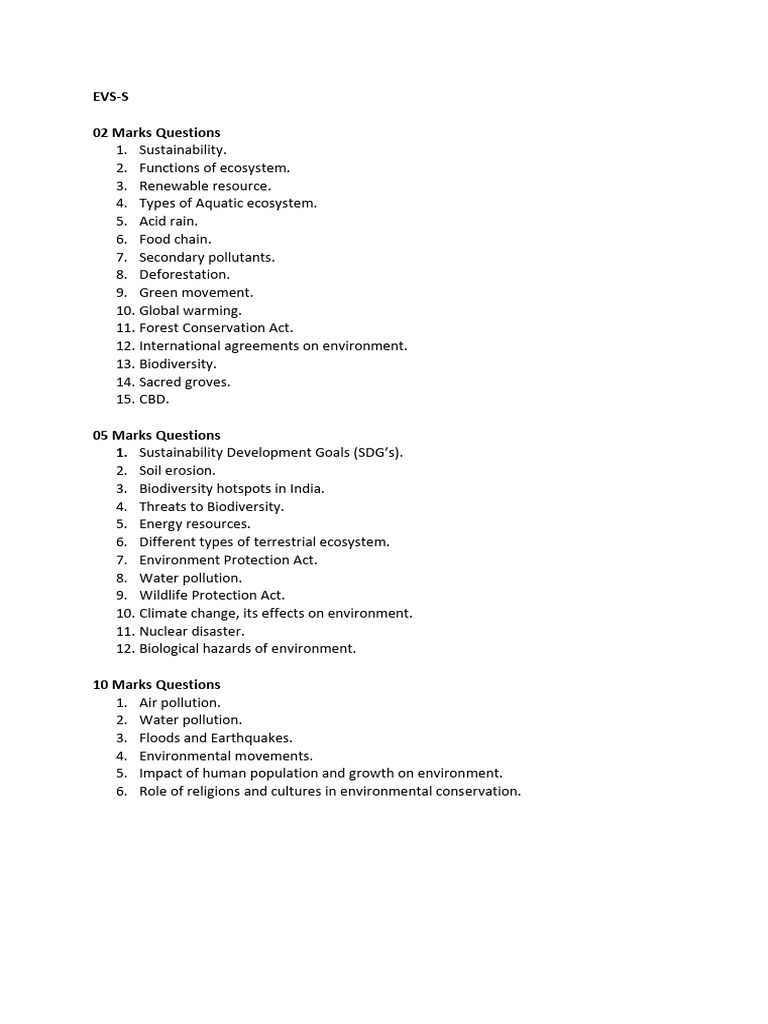 Evs-S 02 Marks Questions: Sustainability Development Goals (SDG'S) | PDF