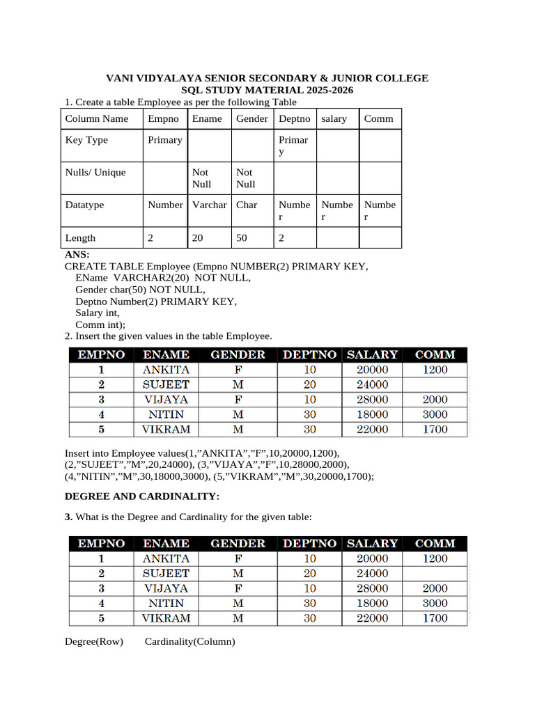 SQL Study Material for 2025-2026 | PDF | Computer Data | Sql