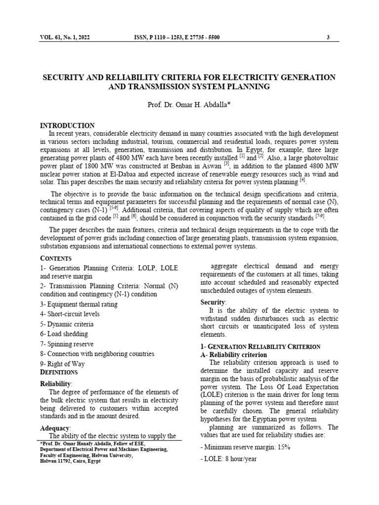 Security & Reliability in Power Planning | PDF | Electric Power ...