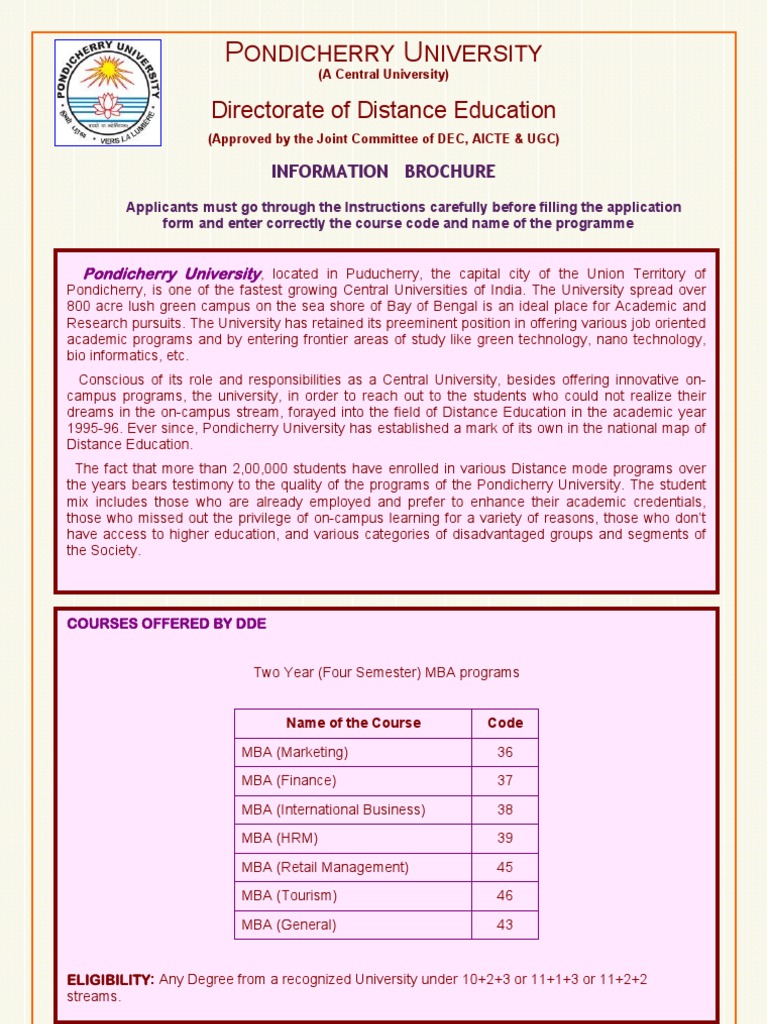 DDE Pondicherry University | Master Of Business Administration | Fee