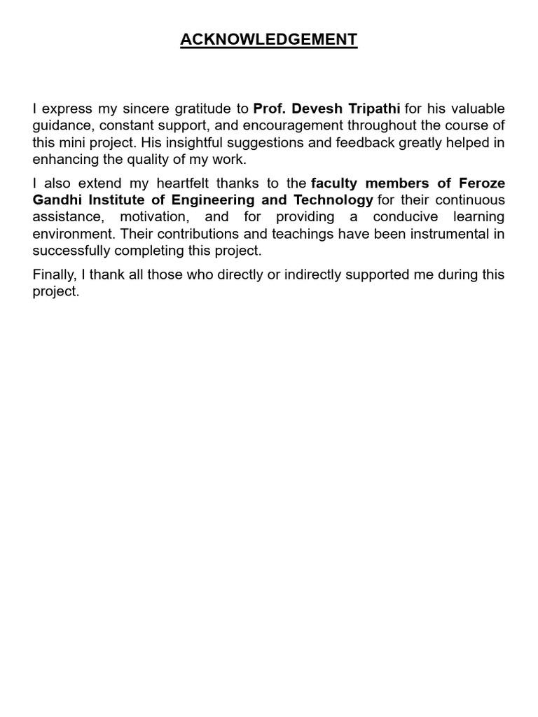 Acknowledgements for Mini Project Completion | PDF