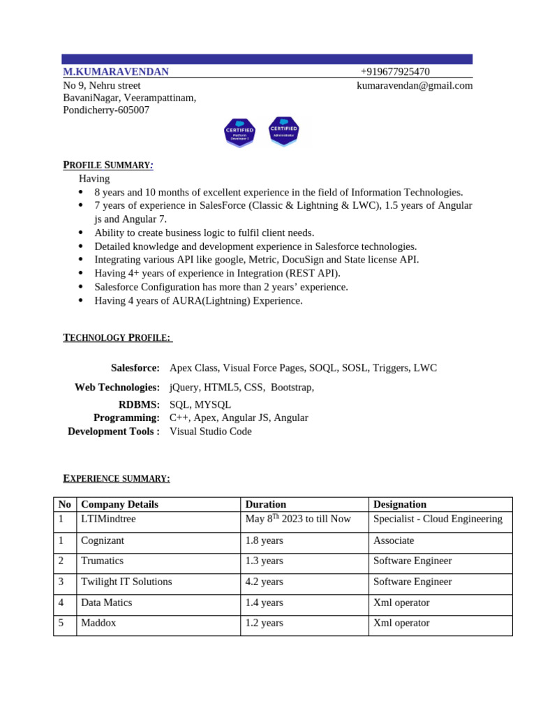 Salesforce Developer Resume Summary | PDF | Software Development ...