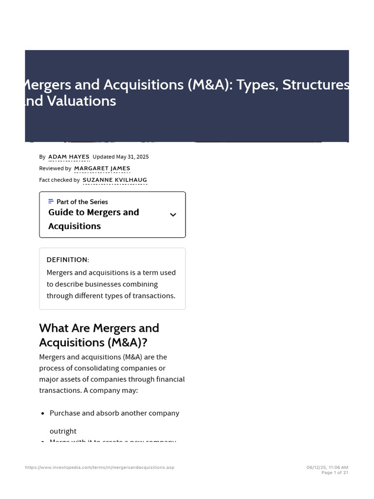 Mergers and Acquisitions (M&A)- Types, Structures, and Valuations | PDF ...