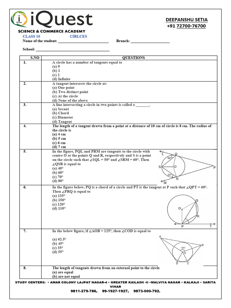 Class 10 Circle Tangent Questions | PDF | Circle | Perpendicular