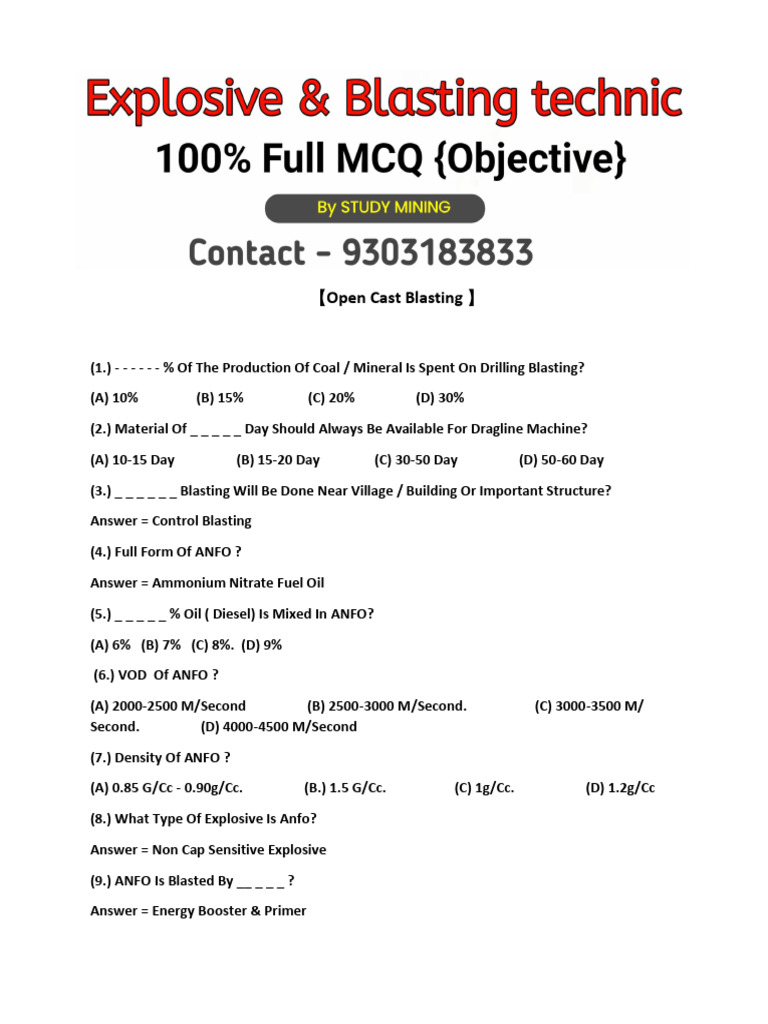 Mine Blasting Techniques MCQ Guide | PDF | Explosion