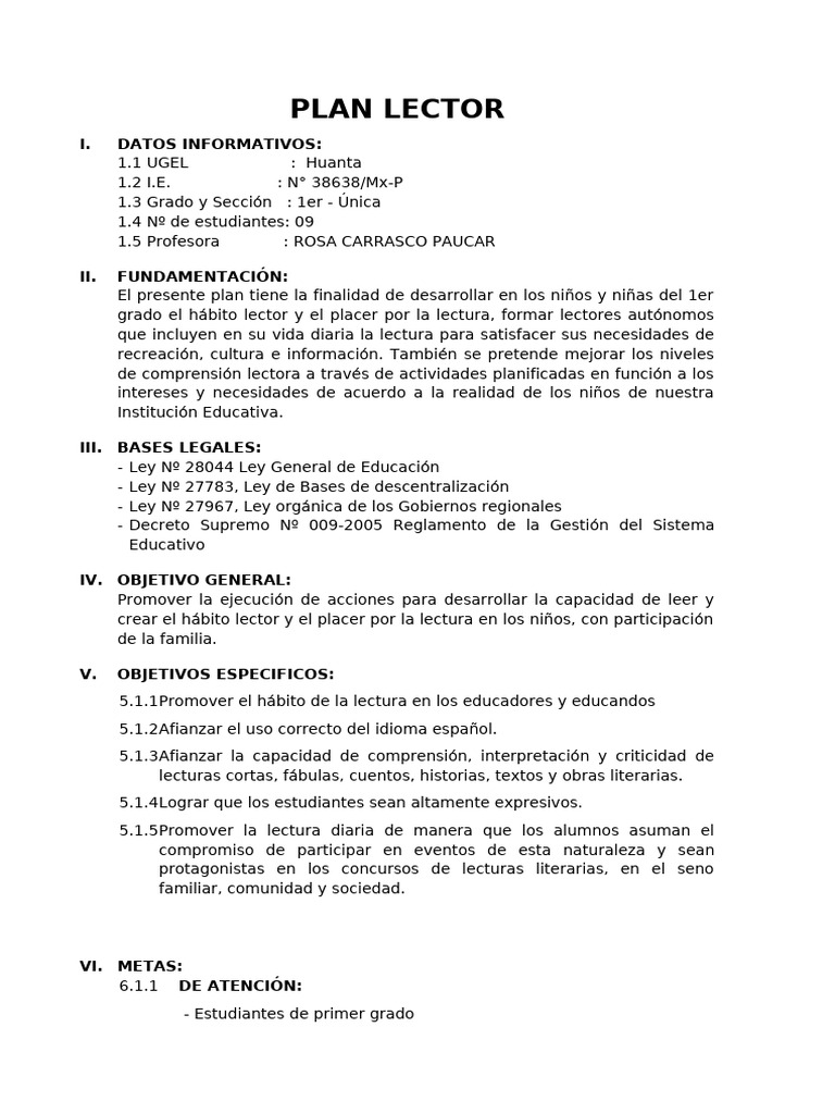 Plan Lector para Primer Grado | PDF | Comprensión lectora | Aprendizaje