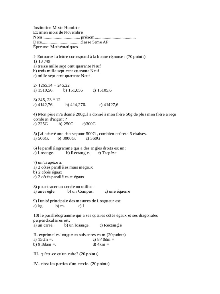 Examen de Mathématiques 5ème AF Novembre | PDF | Mathématiques ...