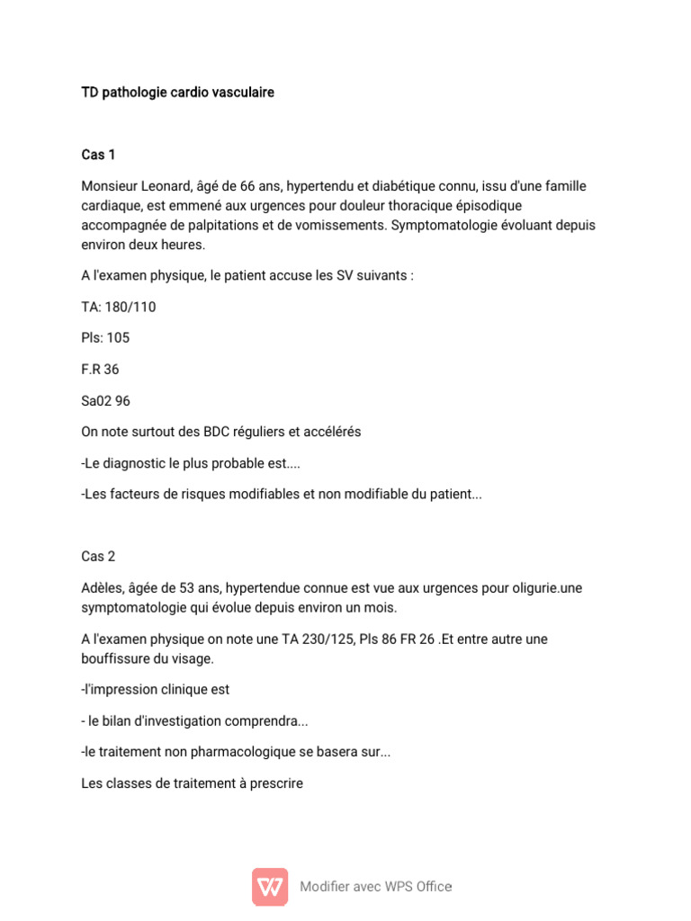 TD Pathologie Cardio Vasculaire Tchala | PDF | Hypertension artérielle ...