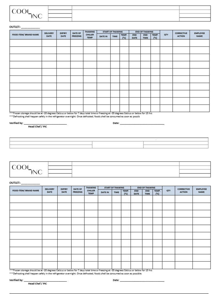 Raw Fish and Seafood Freezing and Thawing Log | PDF | Food Safety ...