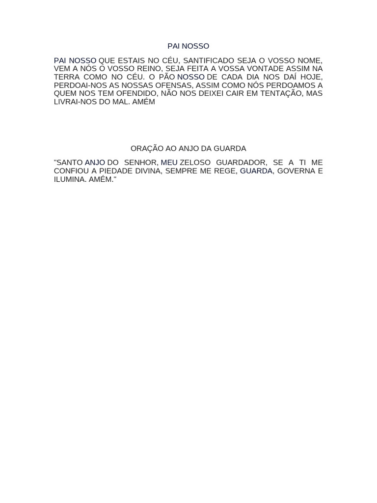Oração do Pai Nosso e Anjo da Guarda | PDF