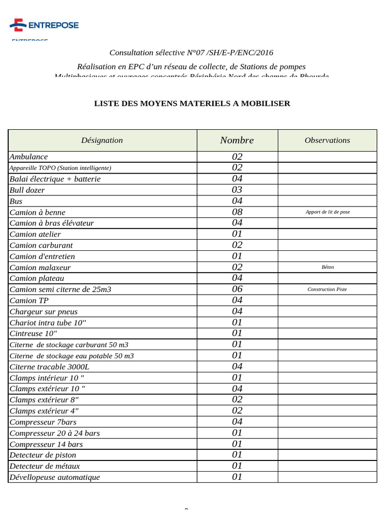 Liste des matériels pour projet EPC Rhourde | PDF | Camion
