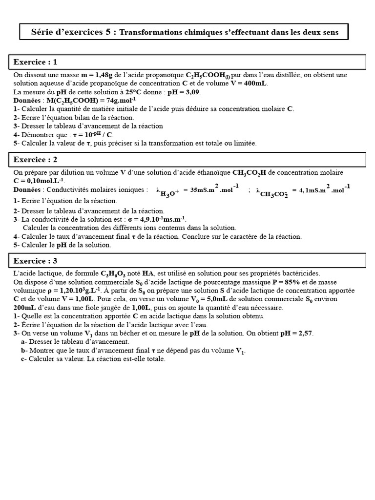Exercices sur les Transformations Chimiques | PDF