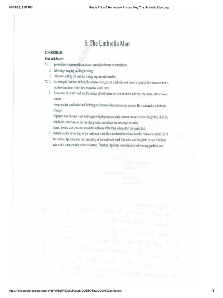 Grade 7- Ln-5 Homebook Answer Key the Umbrella Man.png | PDF
