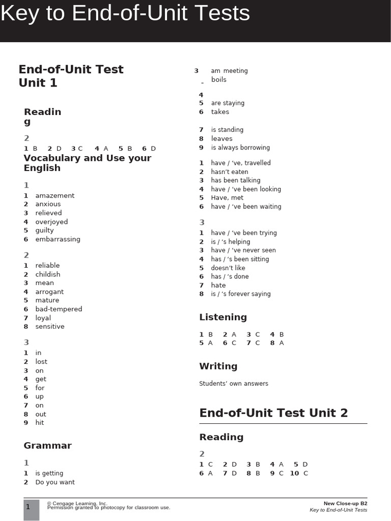 New Close-up B2 Test Key Guide | PDF