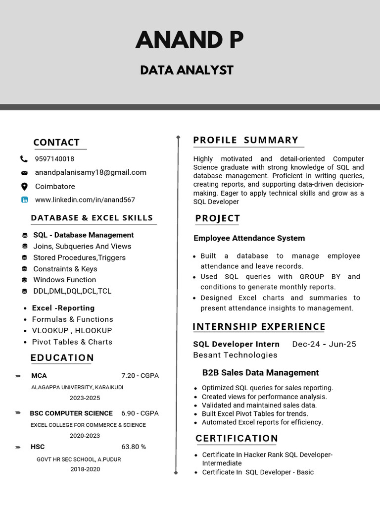 Anand Data Analyst Coimbatore | PDF | Sql | Databases