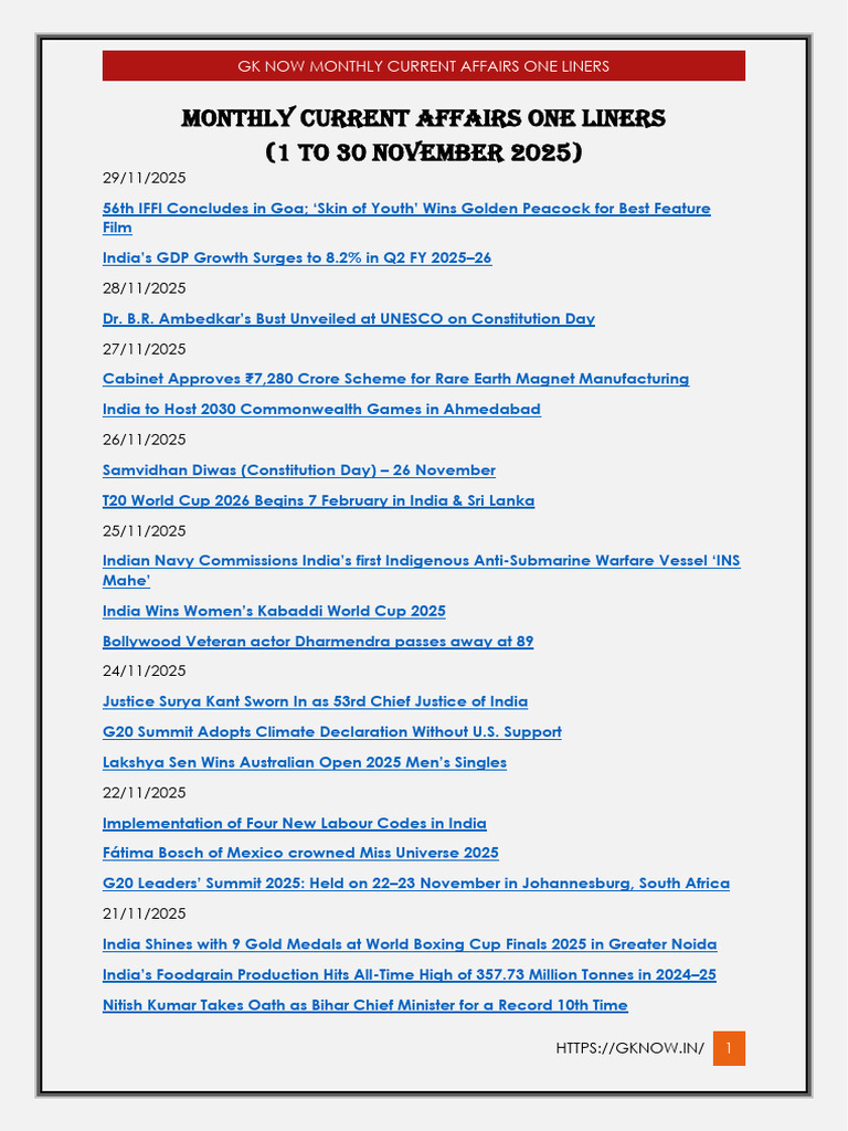 Monthly One Liner 1 to 30 November 2025 (English) | PDF | Government Of ...