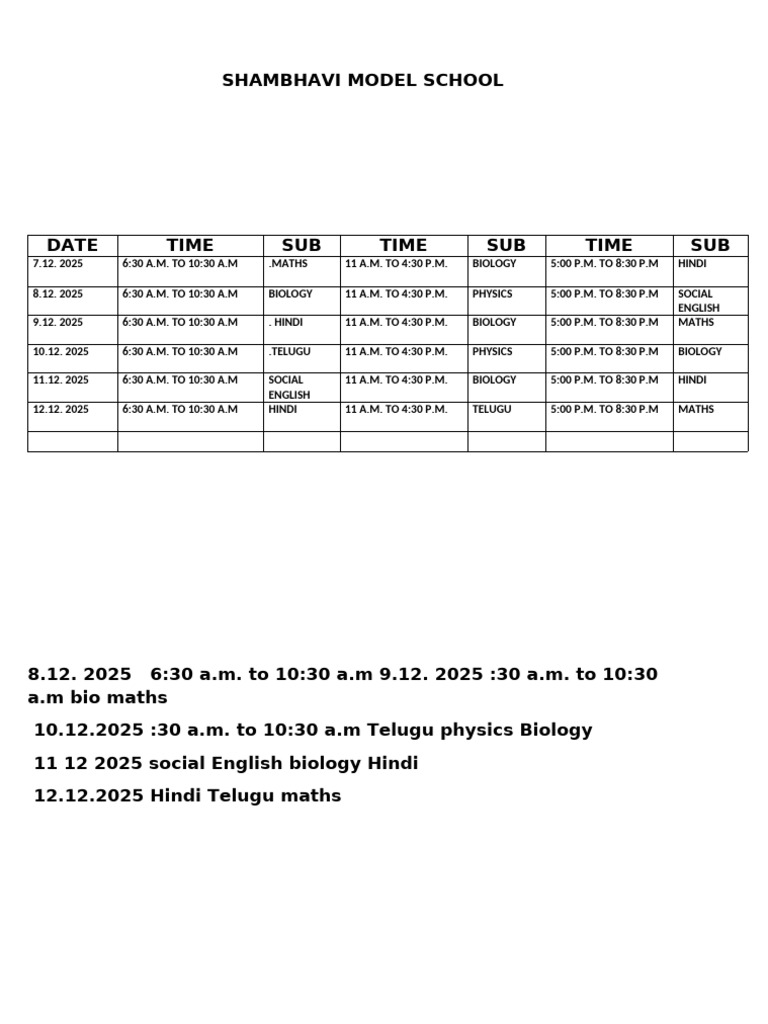Shambhavi Model School Exam Schedule | PDF