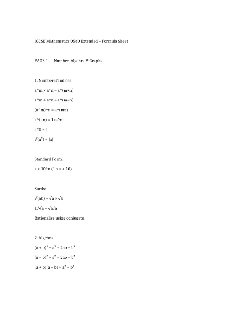 IGCSE Math 0580 Extended Formula Sheet | PDF