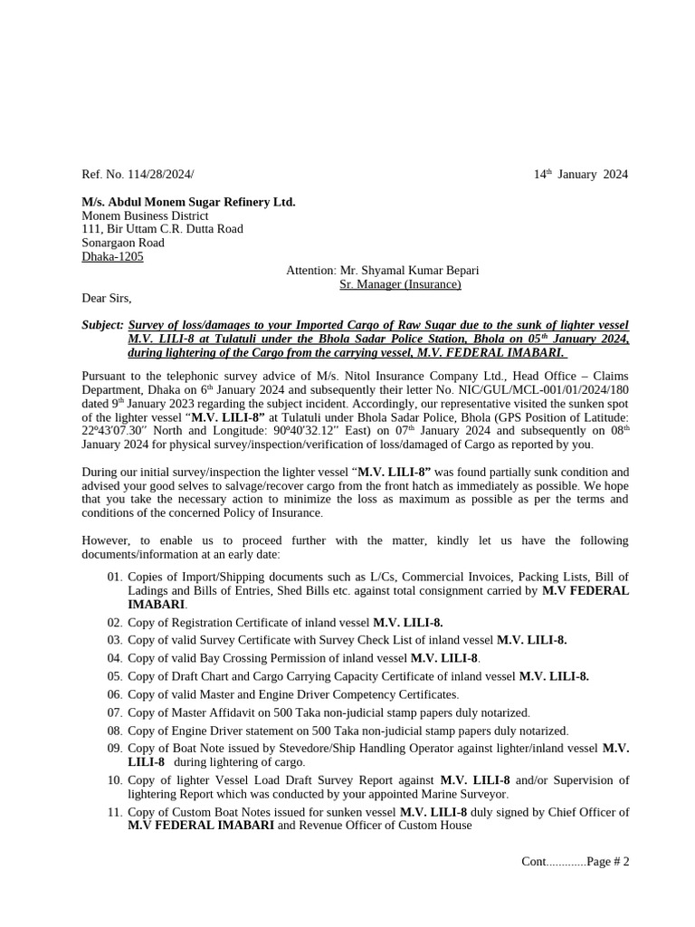 Letter - Abdul Monem Sugar Refinery (M.v. LILI-8) - NICL | PDF | Shipping