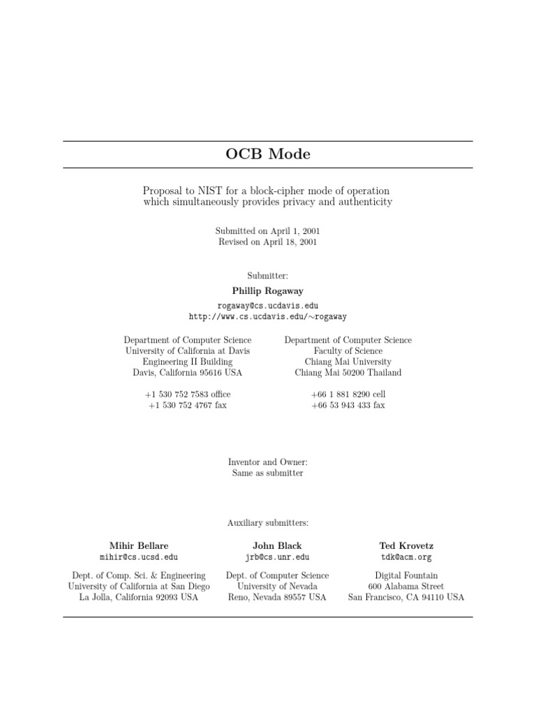 OCB Mode: Authenticated Encryption Proposal | PDF | Encryption ...