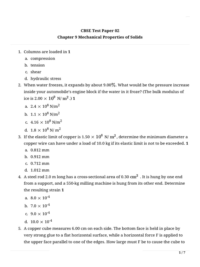 CBSE Mechanical Properties Test Paper | PDF | Young's Modulus ...