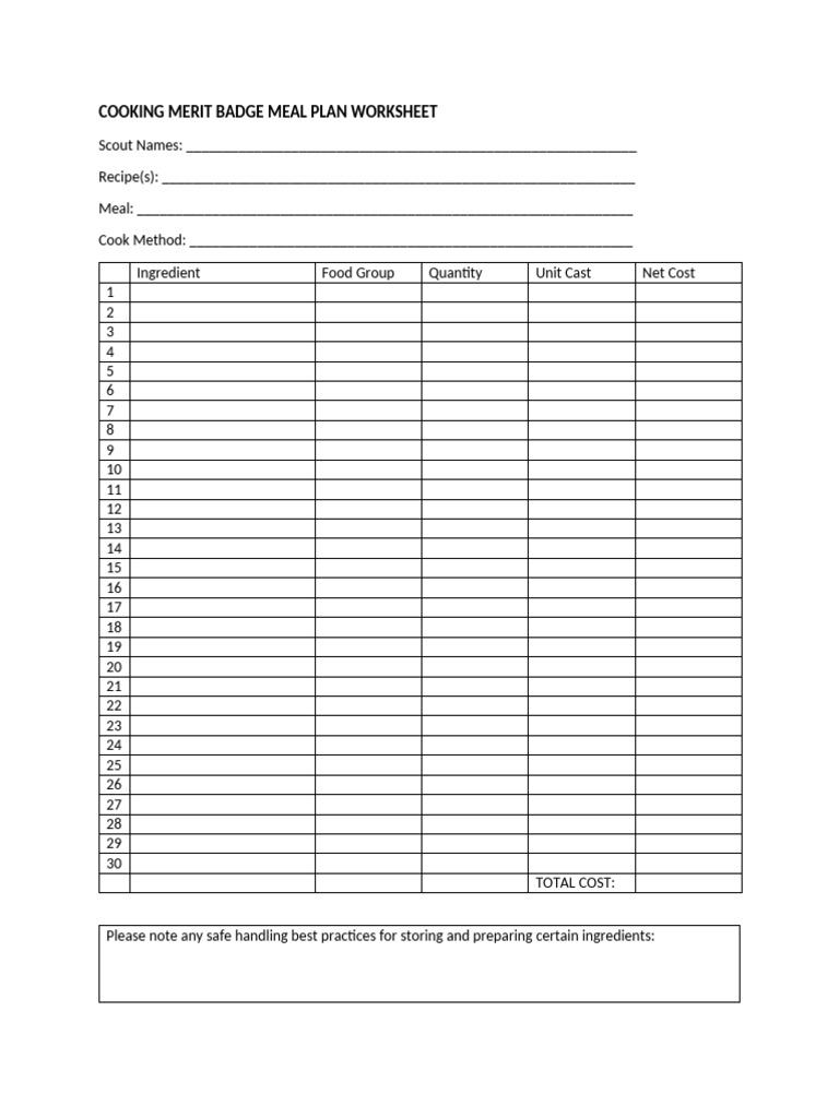 Cooking Merit Badge Meal Plan Worksheet | PDF