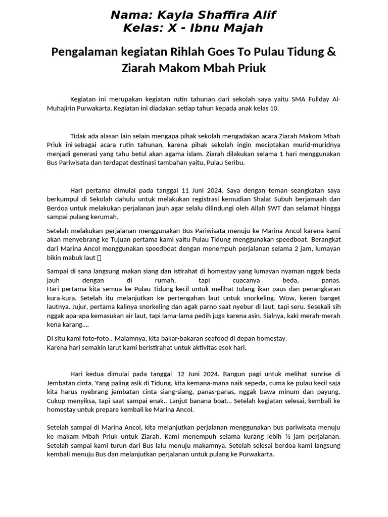Rihlah Kelas 10: Pulau Tidung & Ziarah | PDF