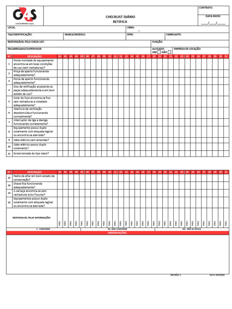 Checklist Diário de Equipamentos de Obra | PDF | Moagem (corte abrasivo)