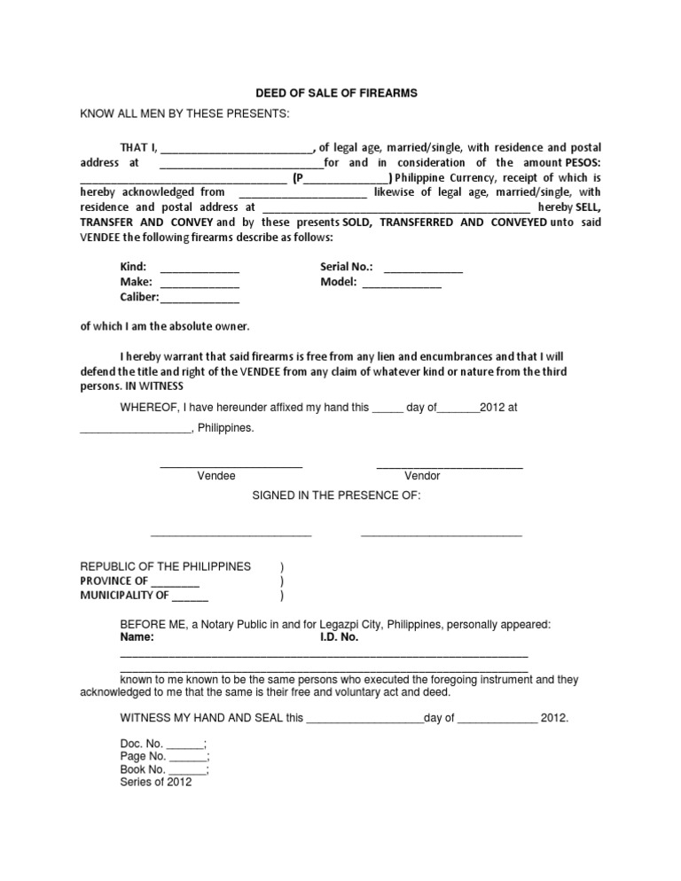 Deed of Sale Firearms Sample