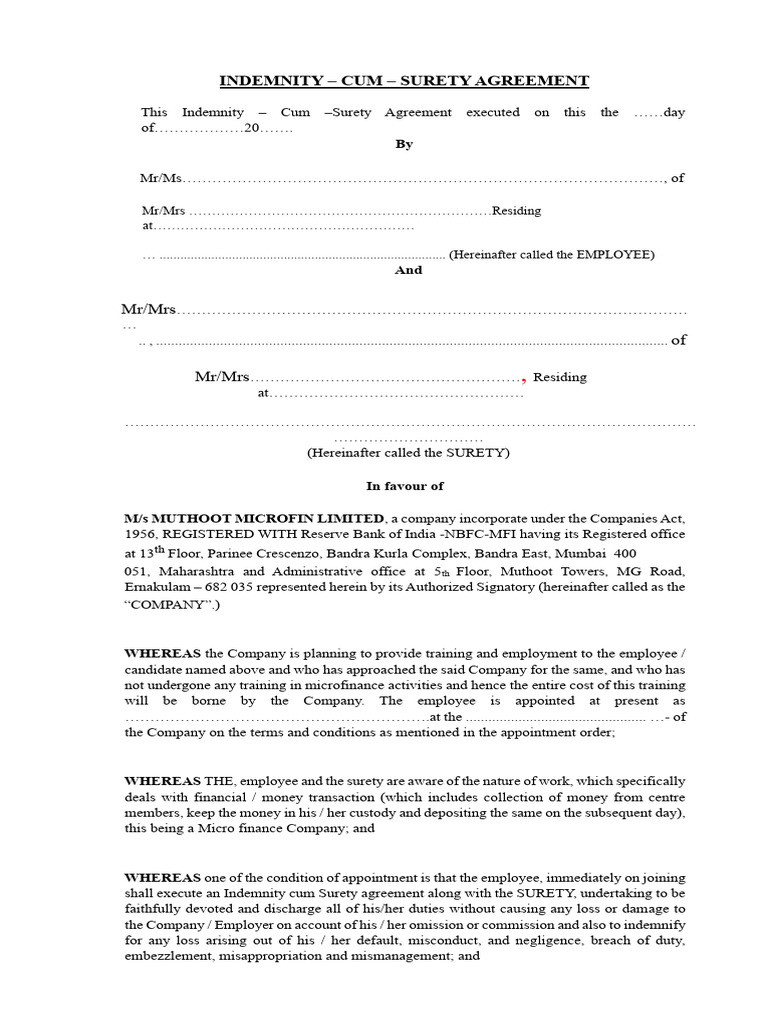 Indemnity Cum Surety Agreement - NEW FORMAT | PDF | Damages | Legal ...