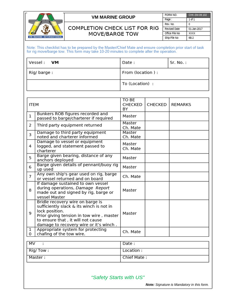 Rig Move/Barge Tow Completion Checklist | PDF | Barge | Watercraft