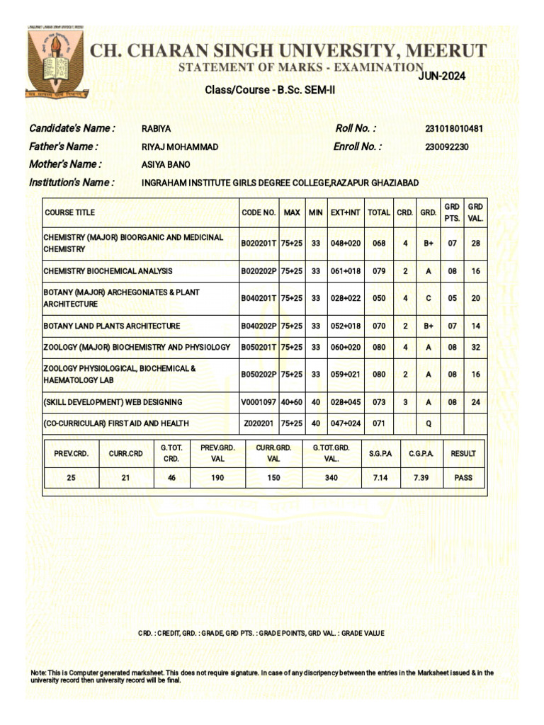 Sem 2nd Marksheet | PDF | Biology | Life Sciences