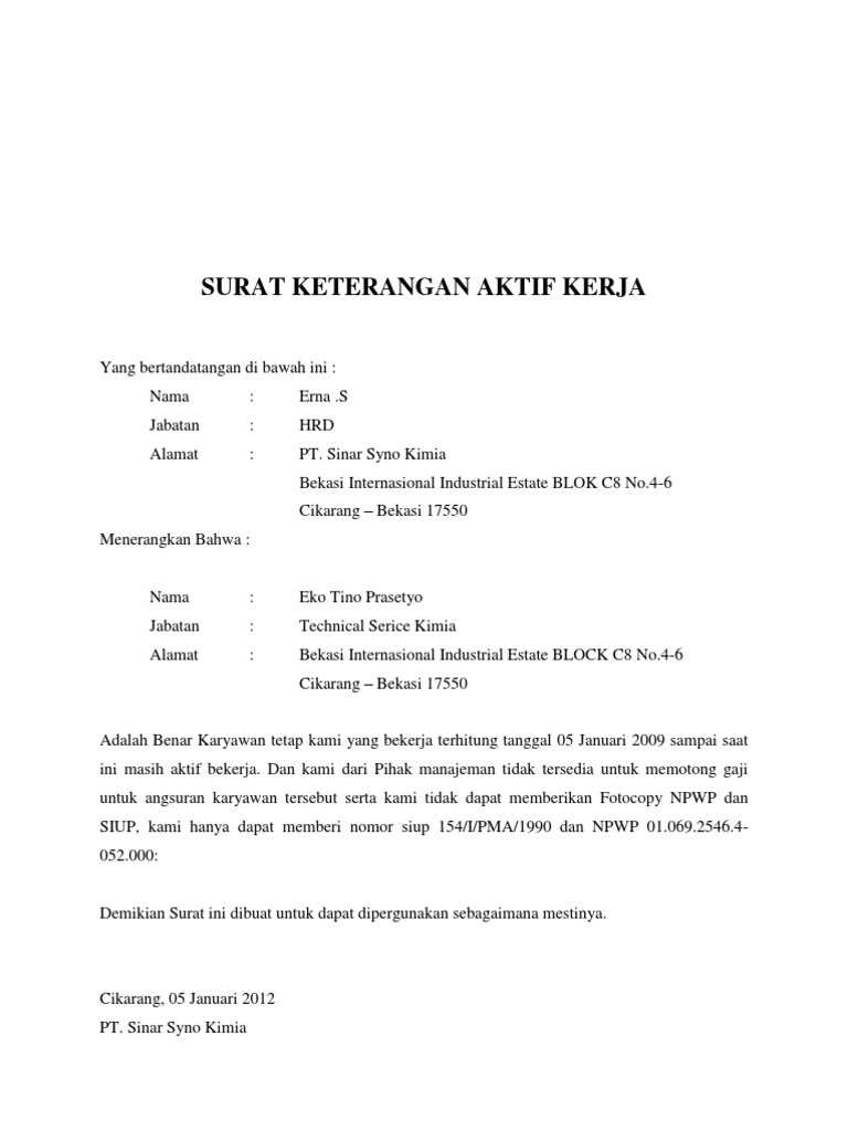 Surat  Keterangan  Aktif Kerja   Surat  Keterangan  Aktif Kerja