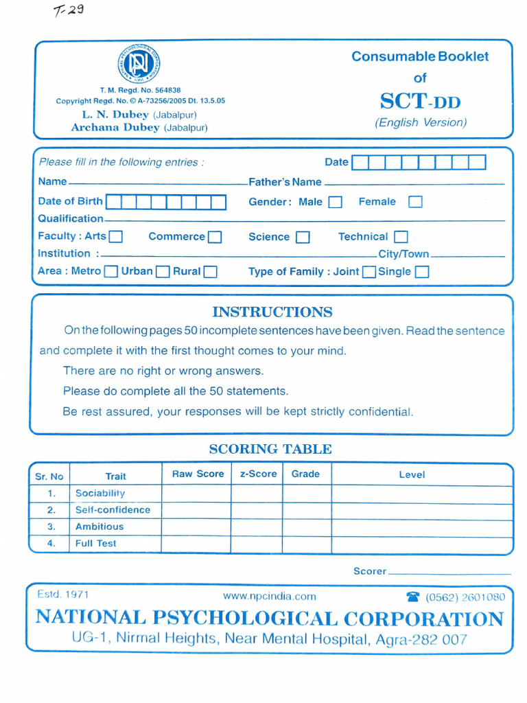 Sentence Completion Test Booklet | PDF | Psychology | Psychological ...