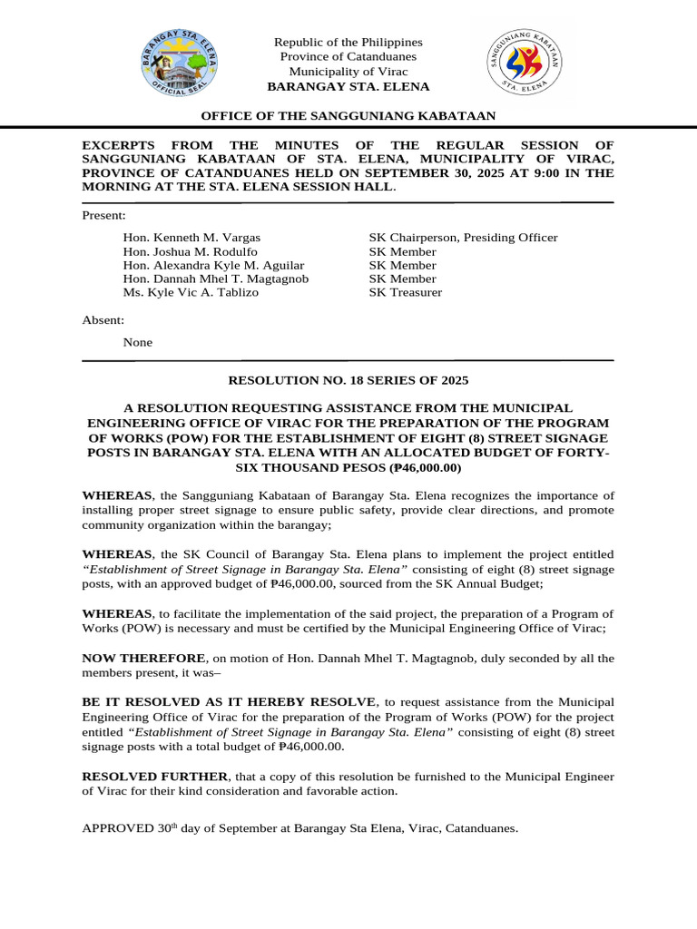SK Resolution for Street Signage in Sta. Elena | PDF