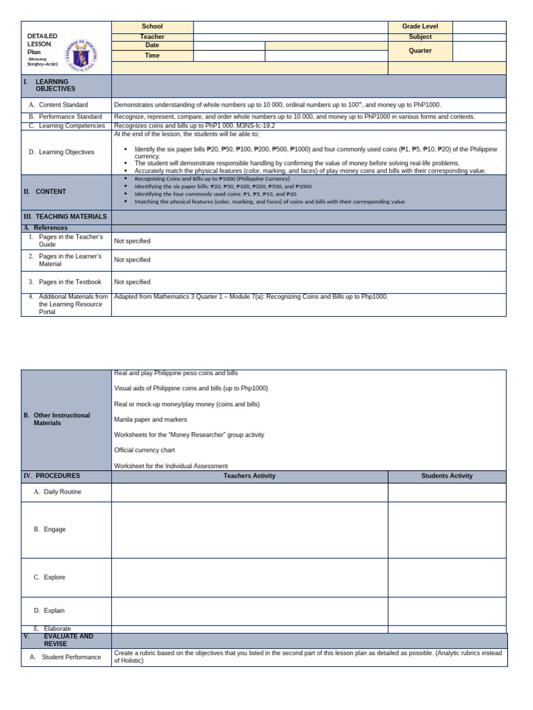 Daily-Lesson-Plan-Template of Do 42 With 5e Model | PDF | Learning | Money