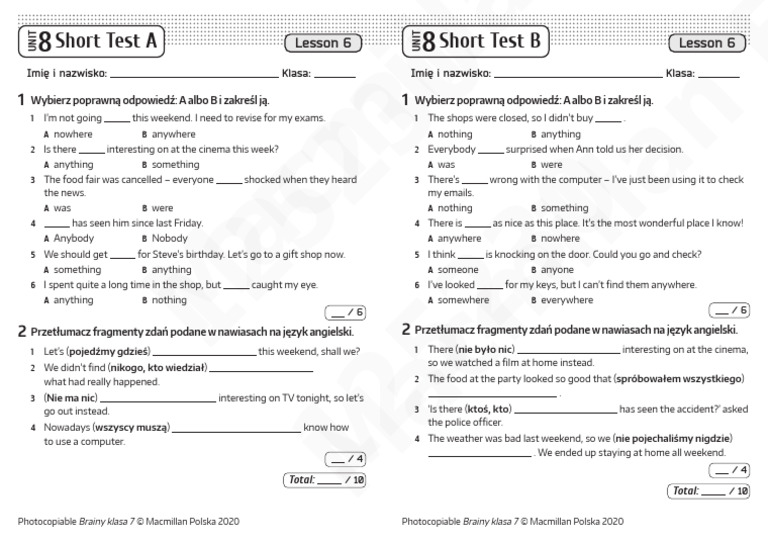 Unit 8 Short Tests for English Learners | PDF