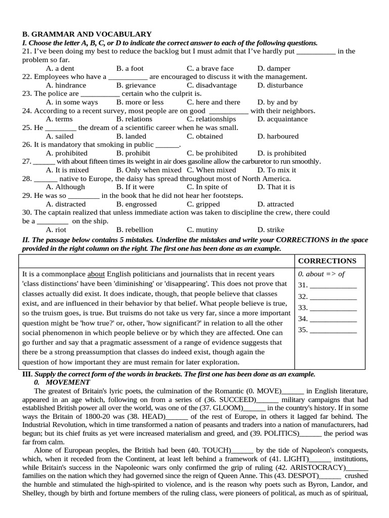 Grammar and Vocabulary Practice Test | PDF