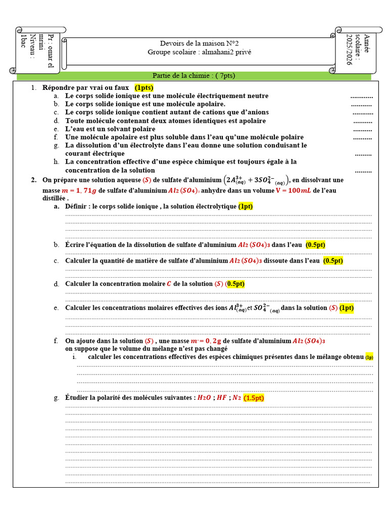 Devoir de chimie : solutions et polarité | PDF | Ion | Concentration ...